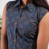 Indigo diamond ajrakh cotton shirt dress (attached sleeves)