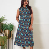 Royal blue geometric cotton shirt dress (attached sleeves)