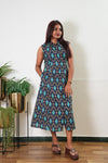 Royal blue geometric cotton shirt dress (attached sleeves)