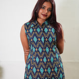 Royal blue geometric cotton shirt dress (attached sleeves)