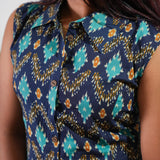 Royal blue geometric cotton shirt dress (attached sleeves)