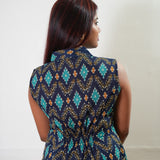 Royal blue geometric cotton shirt dress (attached sleeves)