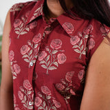 Red roses cotton shirt dress (attached sleeves)