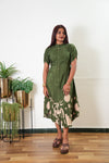 Olive green silk midi dress