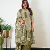 Olive green stripes cotton suit set