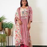 Red stripes crepe suit set