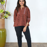 Maroon ajrakh V neck cotton peplum top