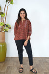 Maroon ajrakh V neck cotton peplum top