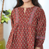 Maroon ajrakh V neck cotton peplum top