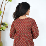 Maroon ajrakh V neck cotton peplum top