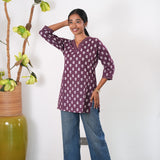 V neck cotton short kurti - Deep maroon