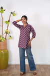 V neck cotton short kurti - Deep maroon