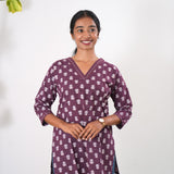 V neck cotton short kurti - Deep maroon