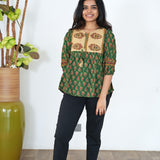 Forest green ajrakh cotton peplum top