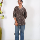 V neck cotton short kurti - Coffee