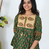 Forest green ajrakh cotton peplum top