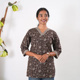 V neck cotton short kurti - Coffee