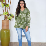 Olive green V neck cotton peplum top