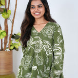 Olive green V neck cotton peplum top