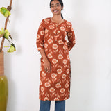 Round neck cotton long kurti - Tangerine