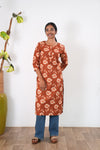 Round neck cotton long kurti - Tangerine