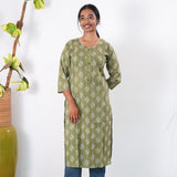 Round neck cotton long kurti - Pista