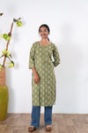 Round neck cotton long kurti - Pista