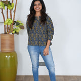 Royal blue ajrakh V neck cotton peplum top