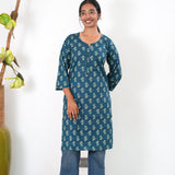 Round neck cotton long kurti - Peacock blue