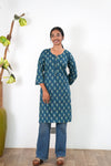Round neck cotton long kurti - Peacock blue