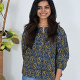 Royal blue ajrakh V neck cotton peplum top
