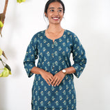 Round neck cotton long kurti - Peacock blue