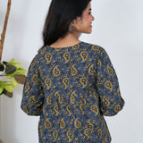 Royal blue ajrakh V neck cotton peplum top