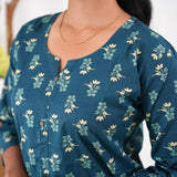 Round neck cotton long kurti - Peacock blue