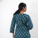 Round neck cotton long kurti - Peacock blue