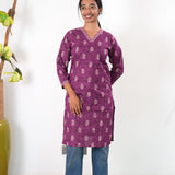 V neck cotton long kurti - Purple