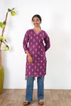 V neck cotton long kurti - Purple