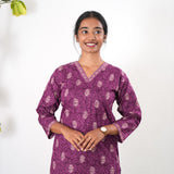 V neck cotton long kurti - Purple