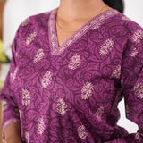 V neck cotton long kurti - Purple