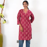 V neck cotton long kurti - Magenta