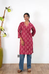 V neck cotton long kurti - Magenta