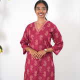 V neck cotton long kurti - Magenta