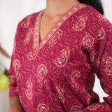 V neck cotton long kurti - Magenta