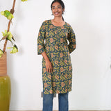 Round neck cotton long kurti - Navy