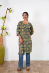 Round neck cotton long kurti - Navy