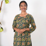 Round neck cotton long kurti - Navy