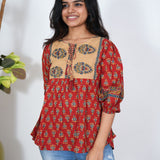 Red ajrakh cotton peplum top
