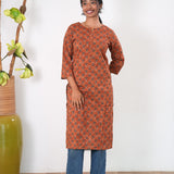 Round neck cotton long kurti - Orange