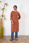 Round neck cotton long kurti - Orange