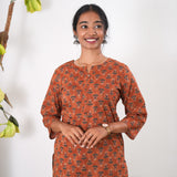 Round neck cotton long kurti - Orange